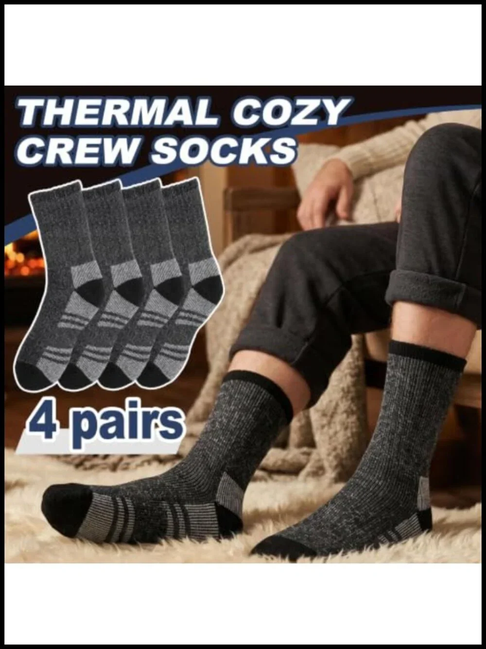 Merino Wool Thermal Men's Crew Socks 4-Pack | Extra Warm Thick Cushioned Hiking